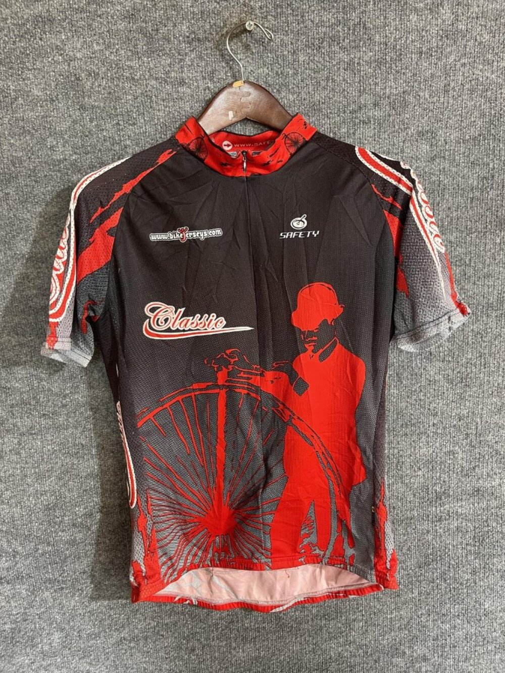 Safety Classic Cycling Jersey Mens Medium Black Red Short Sleeve 1/4 Zip Bike